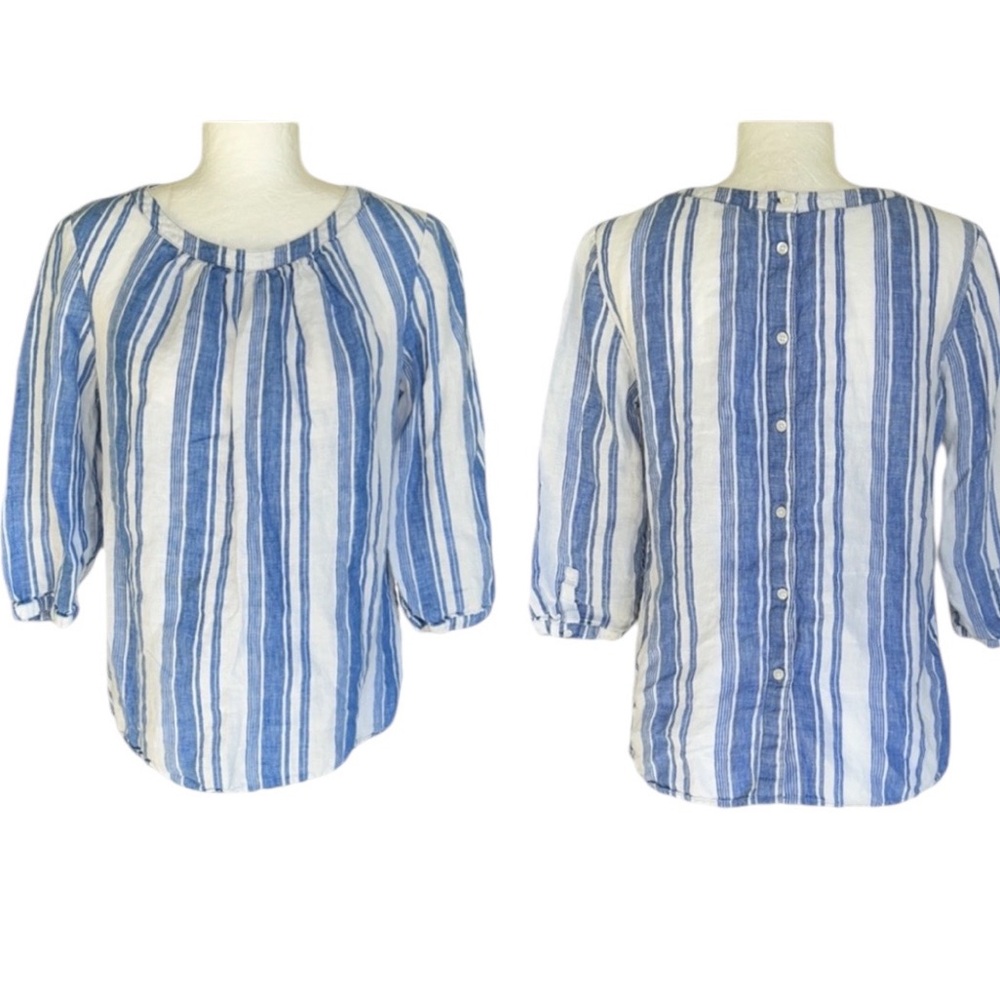 Boden Blue & White Striped Print Linen Button Back 3/4 Sleeve Top Blouse - 8
